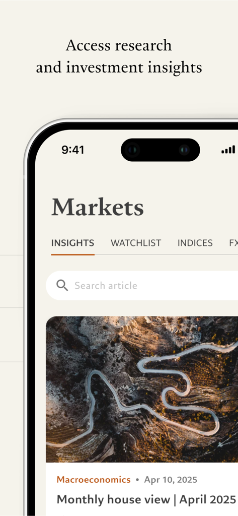 Pictet Wealth - Pictet Wealth app interface showing investment research and macroeconomic insights