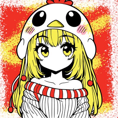 anime girl with chick shaped hat with sweater with bare shoulders with bangs covering them one eye with low tail