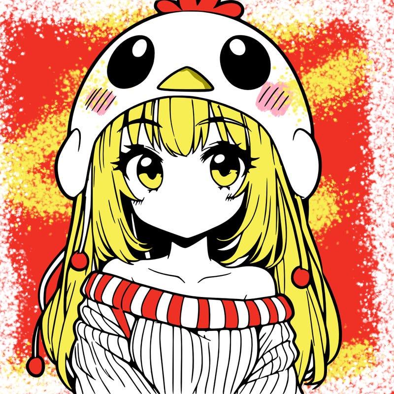 anime girl with chick shaped hat with sweater with bare shoulders with bangs covering them one eye with low tail