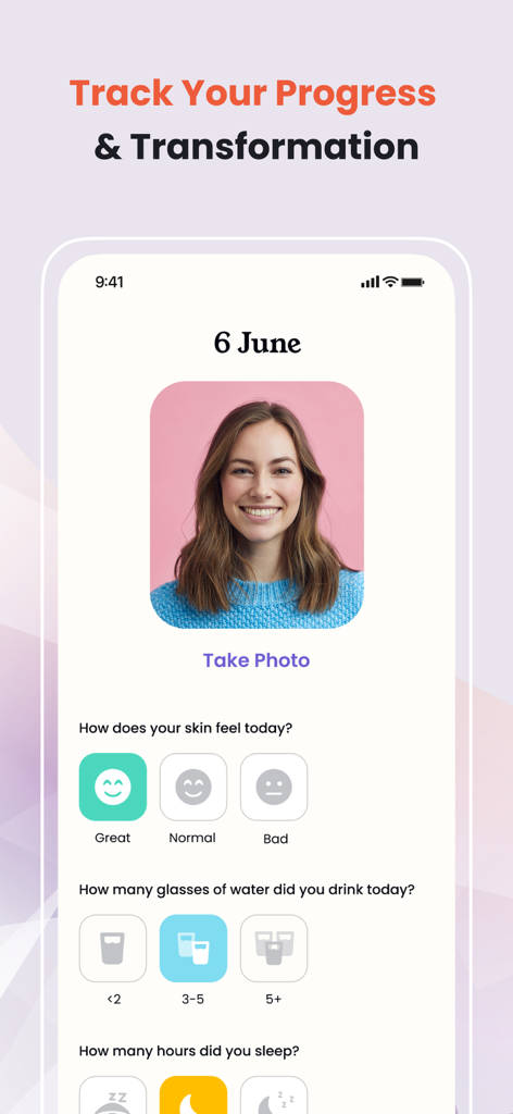 Young Face: Face Yoga Exercise - A mobile app interface for tracking skin progress and daily habits like water intake and sleep