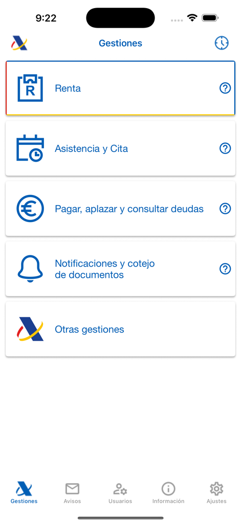 Main menu of the AEAT app showing tax procedures like income tax, appointments, and debt management.
