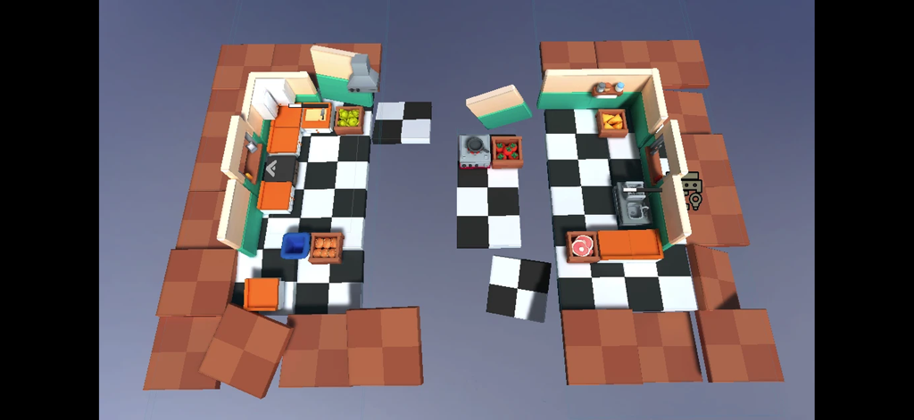 kitchen Together 2 - Top down view of a colorful 3D kitchen level with checkered floors and cooking stations