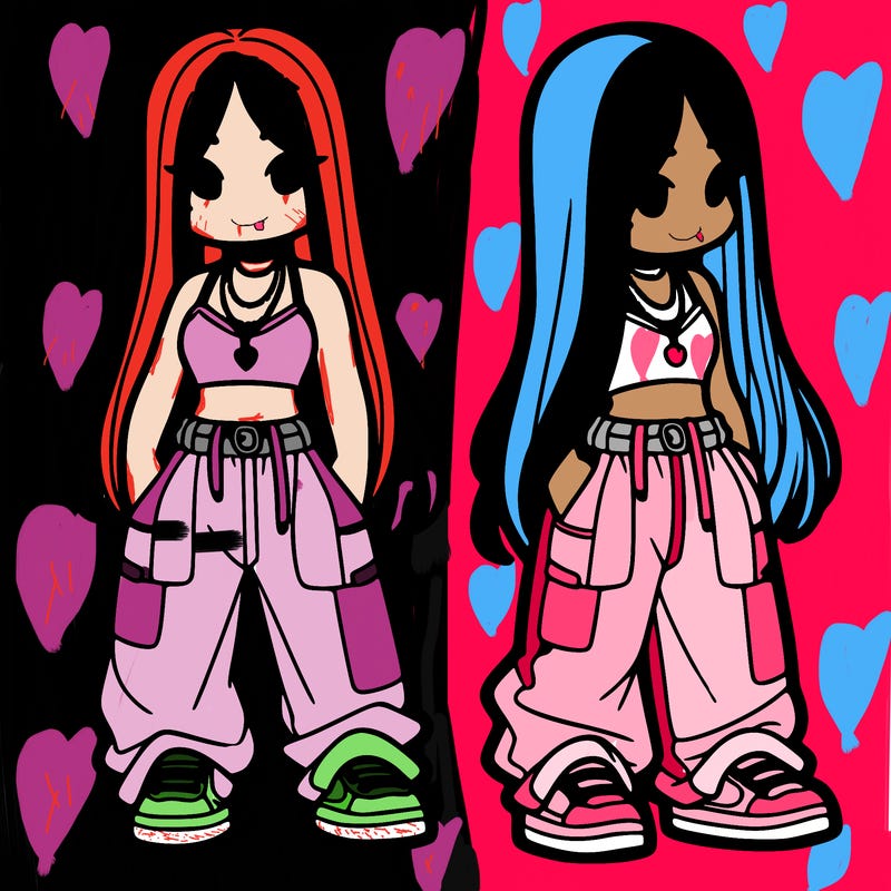 girl in baggy pants crop top and long hair