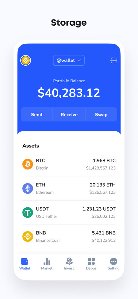RICE Crypto Wallet storage screen showing portfolio balance and crypto assets