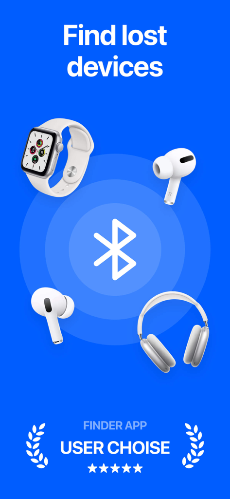 Bluetooth Finder & Scanner + - Pantalla de la aplicación Bluetooth Finder que muestra cómo encontrar dispositivos perdidos como Apple Watch y auriculares