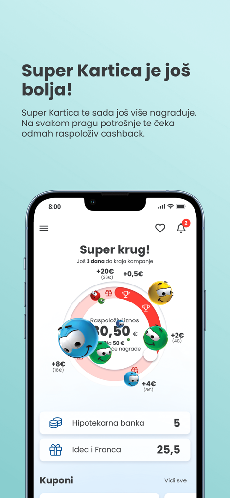 Super Kartica CG Mobile App Dashboard zeigt den verfügbaren Cashback-Saldo und den Fortschrittskreis an.