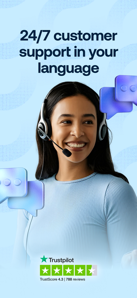 Grey global banking app 24 7 multilingual customer support feature with Trustpilot rating