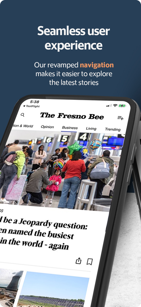 Fresno Bee News - Fresno Bee news app interface featuring revamped navigation and local news stories