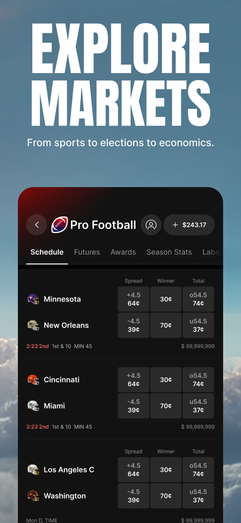 Fanatics Markets: Trade Sports - Interface of the Fanatics Markets app showing NFL game contracts for spread, winner, and total outcomes priced in cents.