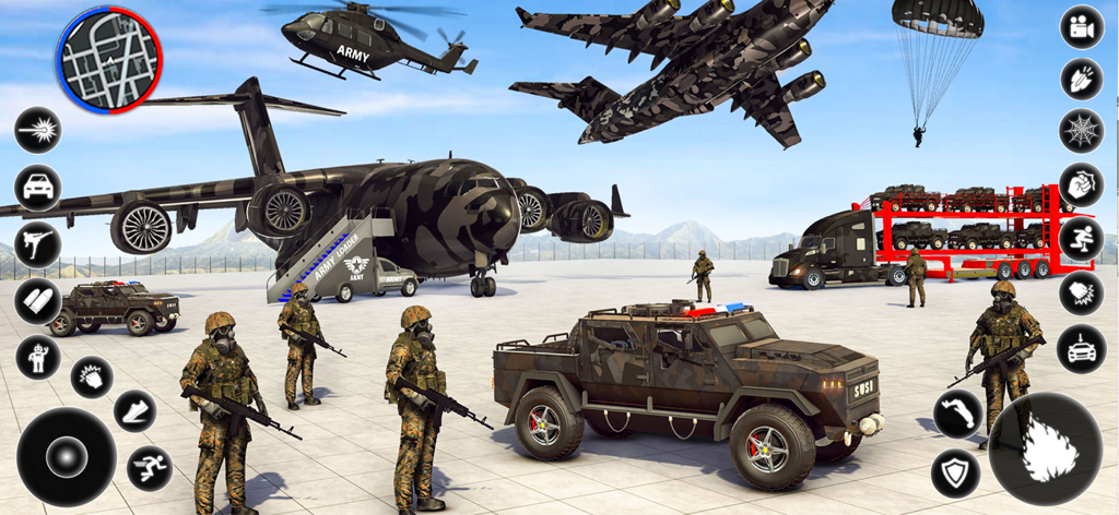 Military vehicles planes and soldiers in the US Army Vehicle Transport Game