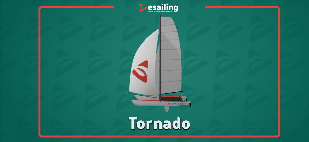Una renderización 3D de un catamarán de la clase Tornado de PlayeSailing, el simulador de regatas costeras.