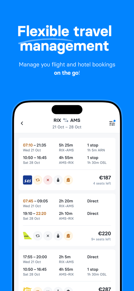 C Teleport - C Teleport mobile app interface showing flight search results and flexible travel management options