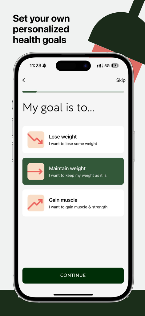 ForeverMore - healthy meals - Personalized health goal selection screen in the ForeverMore app showing options for weight loss, weight maintenance, and muscle gain.