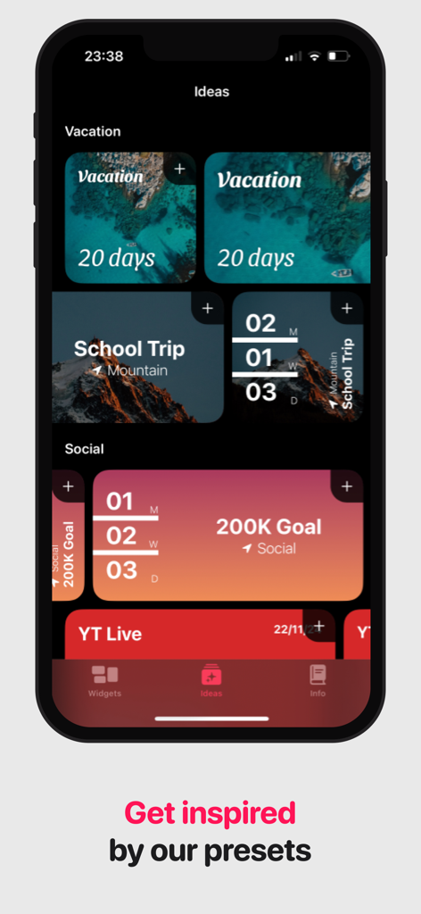 Countdown Widget Plus - iPhone screen showing aesthetic countdown widget presets for vacation and school trips