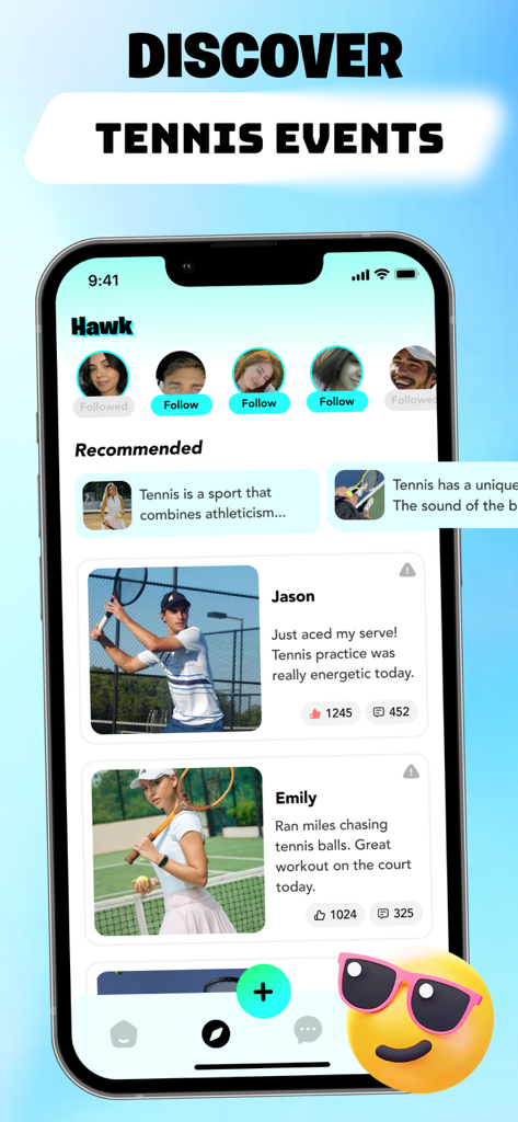 Hawk - 1 on 1 Live Video Chat - Interfaz de la aplicación Hawk que muestra un feed social de tenis con publicaciones y recomendaciones de jugadores.