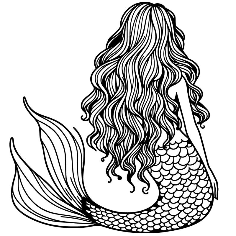 mermaid realistic with long wavy hair facing backwards