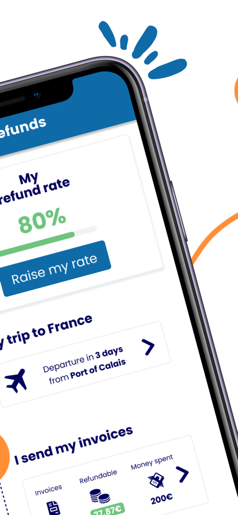 SkipTax - Tax Free Shopping - Dashboard of the SkipTax app showing a refund rate and trip itinerary for a traveler in France.