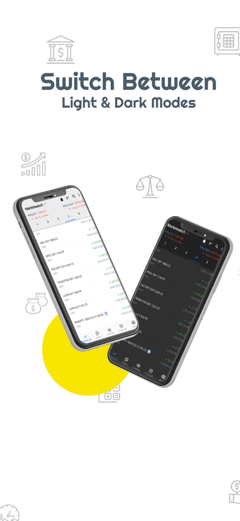 Interface de l'application de trading d'actions FLATTRADE montrant les options de mode clair et sombre sur les appareils mobiles