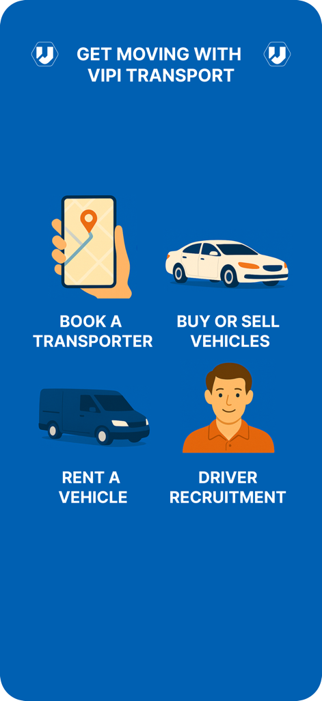 Vipi Transport - A summary screen of Vipi Transport features including booking transporters, buying or selling vehicles, renting vehicles, and driver recruitment.