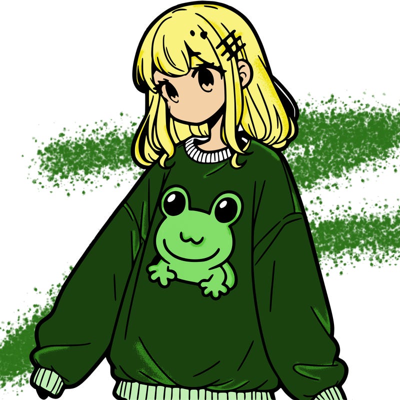 girl wearing frogging sweatshirt