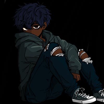 a male hoddie ripped jeans messy hair anime