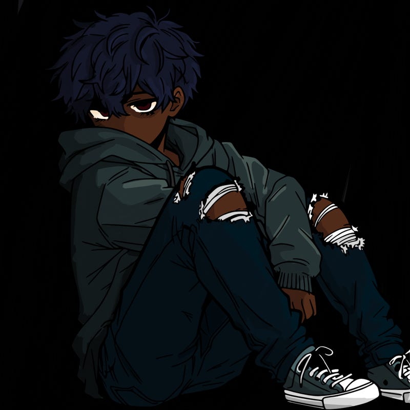 a male hoddie ripped jeans messy hair anime