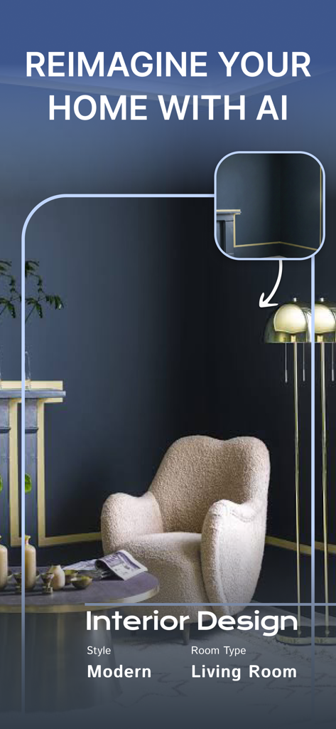 AI Home Deco Makeover Redecor - AI-powered modern living room interior design makeover with a stylish armchair and dark blue walls.