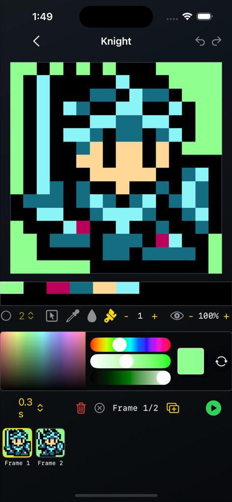 Pixel art editor interface featuring a knight character and animation frames