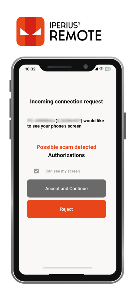 Iperius Remote Desktop - Iperius Remote app screenshot displaying an incoming connection request with a possible scam detected warning and options to accept or reject.