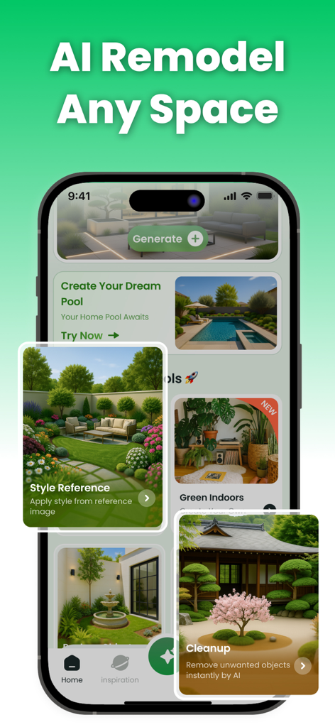 Smartphone interface showing AI backyard and pool design features
