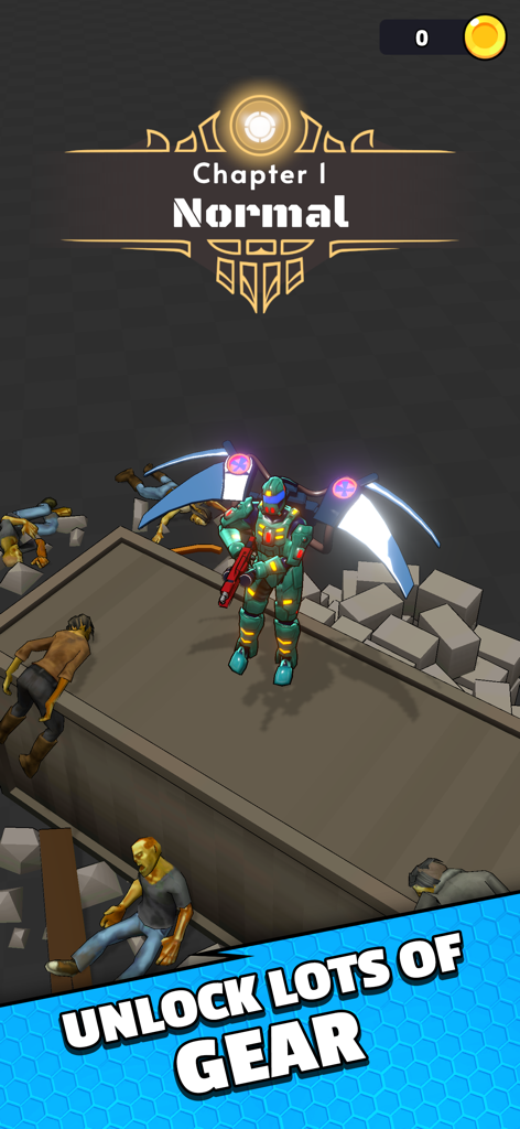 Bionics - A bionic hero in green armor with blue glowing wings stands over defeated zombies in the game Bionics