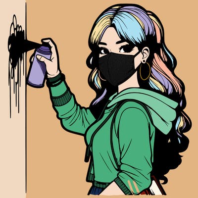 realistic girl with mask spray painting a wall