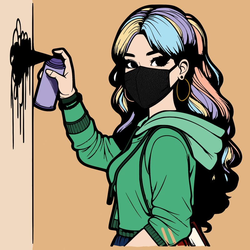 realistic girl with mask spray painting a wall
