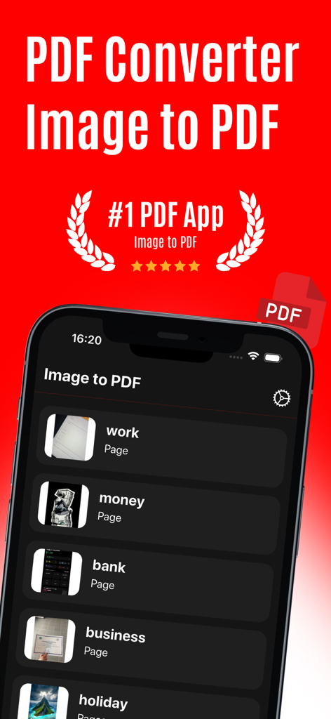 PDF Converter:  PNG to PDF - PDFコンバーターアプリのiPhone画面、作業ファイルやビジネスファイルを含む変換済みドキュメントのリストを表示