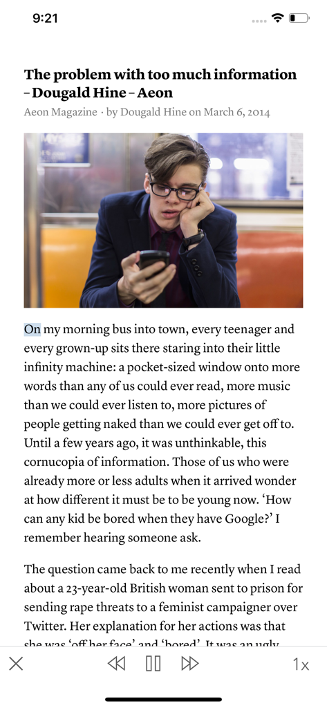 A screenshot of the Instapaper app showing a clean, distraction-free reading interface for a saved article.