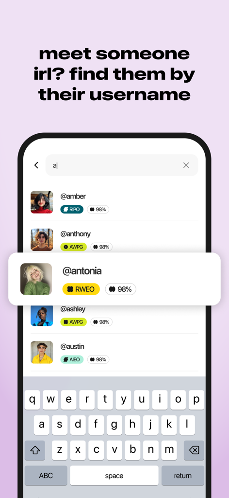 nectar dating by Jubilee - Interface of the nectar dating app showing the search by username feature to find and connect with people met in real life.