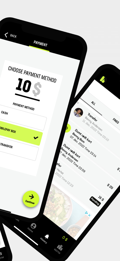 Bildschirm der Teambox-App, der Optionen zur Bezahlung von Strafen und die Transaktionshistorie anzeigt