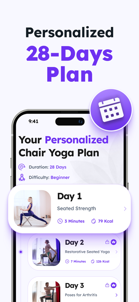 Chair Yoga for Seniors - Una pantalla de smartphone que muestra un plan personalizado de yoga en silla de 28 días para personas mayores que incluye ejercicios como fuerza sentada y posturas para la artritis