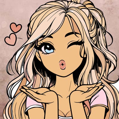 realistic girl winking and blowing a kiss while making heart hands