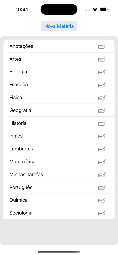 Caderno Digital - A mobile interface from the Caderno Digital app showing a list of organized school subjects for notes