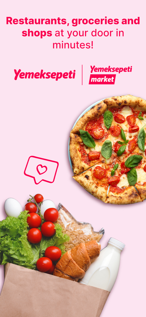 Yemeksepeti: Food & Grocery - Yemeksepeti mobile app promotional screen featuring a pizza and a grocery bag with fresh produce