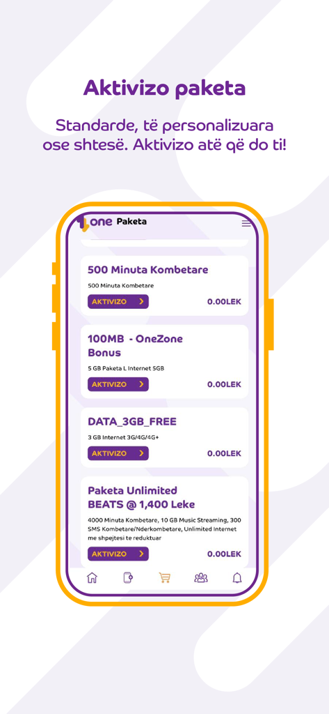 My One (AL) - Interfaz de la aplicación My One que muestra varios paquetes de llamadas móviles y datos para activación