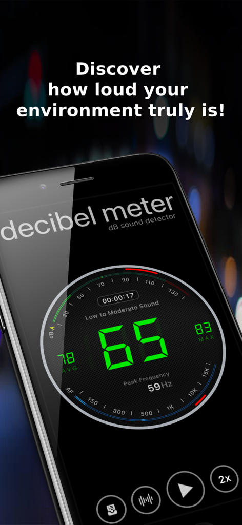 A smartphone screen displaying the Decibel Meter app with a 65 dB reading