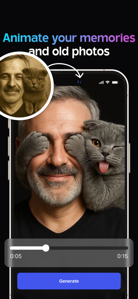 Smartphone-Bildschirm, der eine animierte Version eines Fotos mit einem Mann und einer Katze zeigt, die von der KI-App erstellt werden