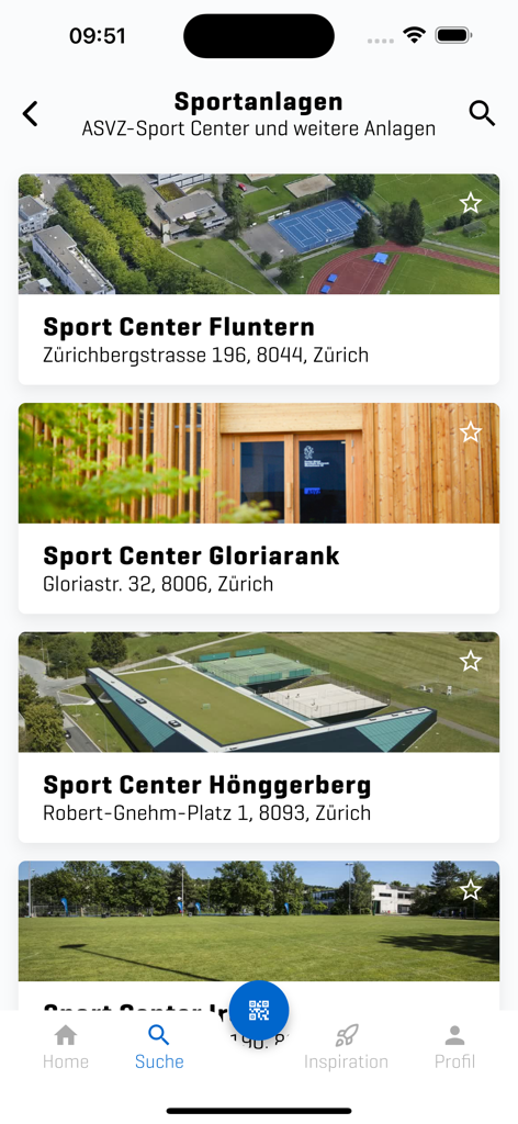 ASVZ - Mobile app interface showing a list of ASVZ sports centers with photos and location details in Zurich