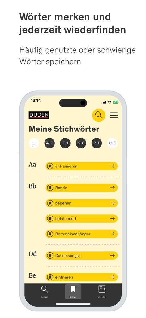 Screenshot of the Duden app showing the My Headwords feature with a list of saved German words and an alphabetical filter.