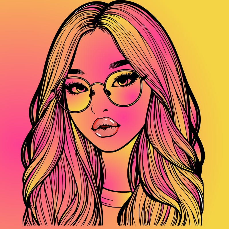 realistic korean girl with long hair, glasses and big lips