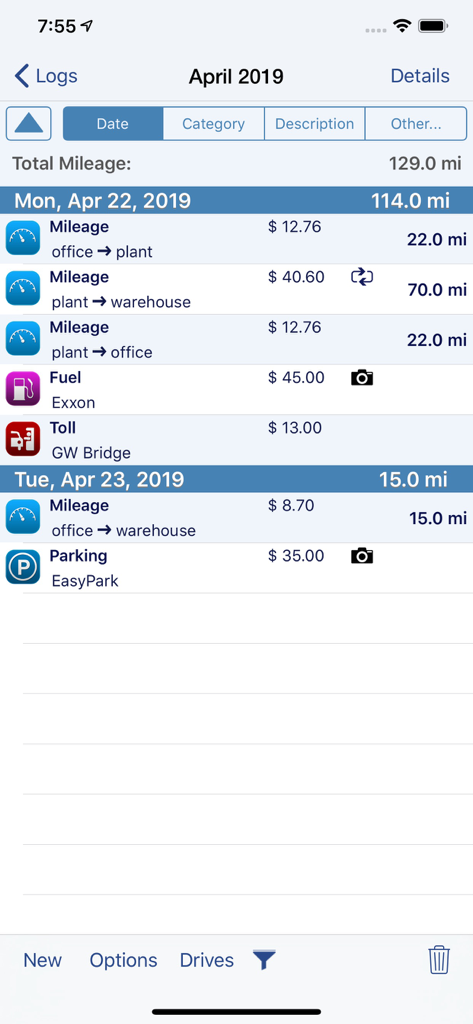 MileTracker Pro - MileTracker Pro app interface showing a daily log of mileage fuel tolls and parking expenses for tax reporting