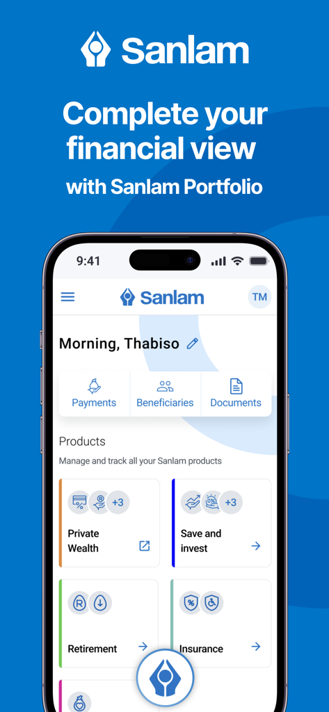 Sanlam Portfolio mobile app dashboard showing financial products including private wealth and retirement