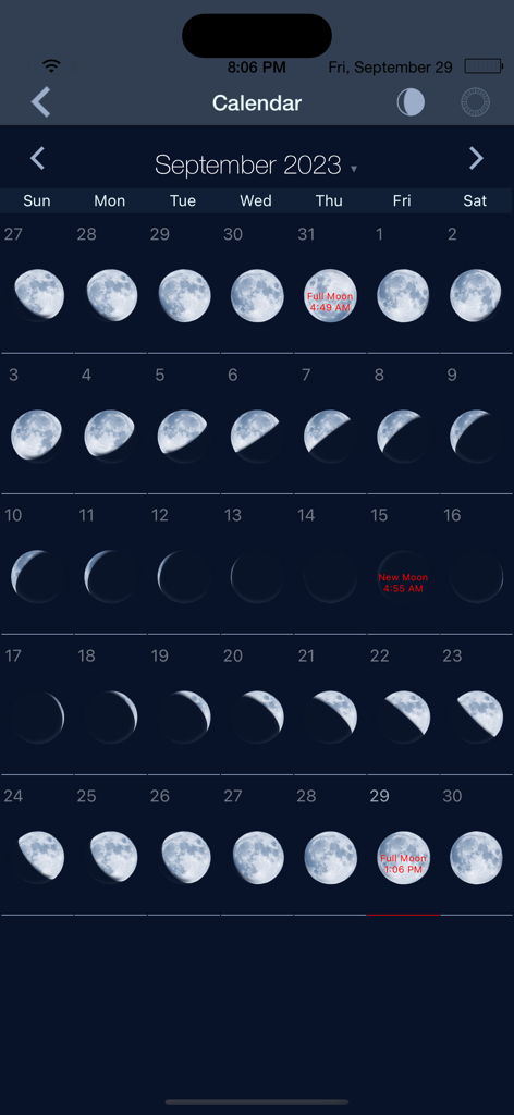 Monthly lunar calendar displaying moon phases and full moon dates